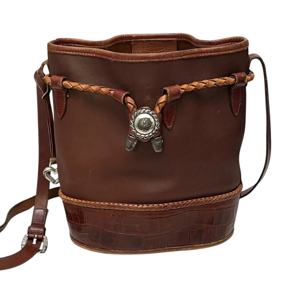 Brighton Vintage Brown Leather Bucket Bag Drawstring Crossbody Croc Trim Concho - Picture 2 of 11